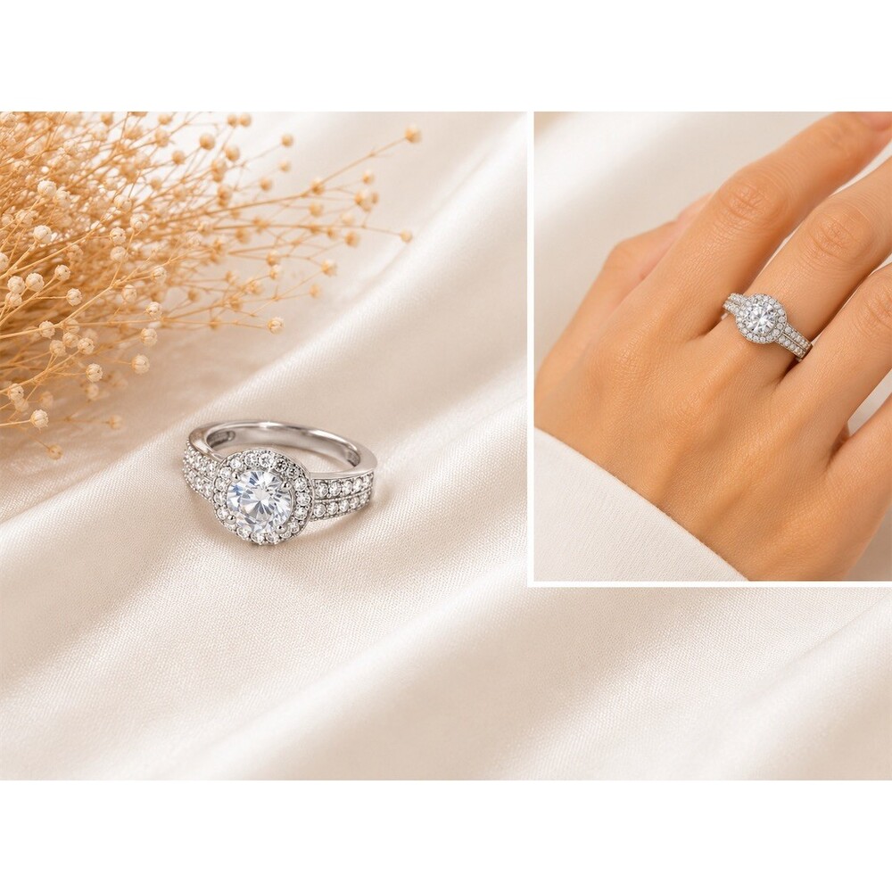 CZ Halo Engagement Ring Womens Size 10 Clear Stone Silver plated sparkly Pavé
